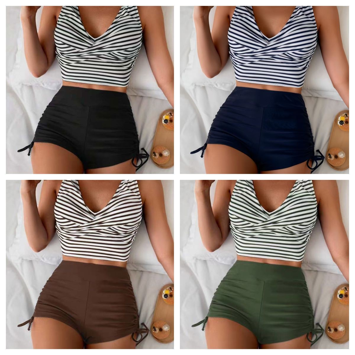 Shorts - ชุดว่ายน้ำผู้หญิง บิกินี่ ท็อปครอป กางเกงขาสั้นเอวสูง บิกินี่ลายทาง ชุดว่ายน้ำแบบไขว้หลัง