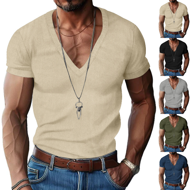 Corduroy Button Up Shirt Men - เสื้อยืดคอวีผู้ชายผ้าคอร์ดูรอยสไตล์ยุโรปและอเมริกาสำหรับฤดูร้อน สีพื้น ทรงเข้ารูป ลำลอง