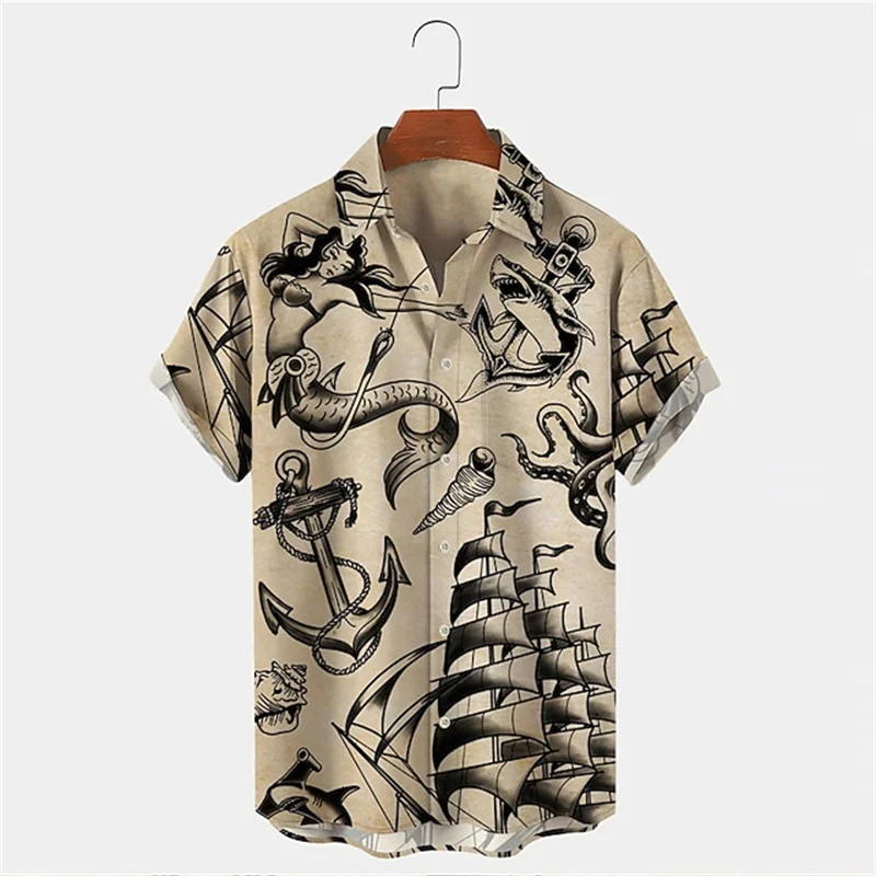 Vintage Hawaiian Floral Shirt - เสื้อเชิ้ตฮาวายแขนสั้นสำหรับผู้ชาย สไตล์ลำลอง ลายวินเทจ ลายสักเรือเดินสมุทร นางเงือก ฉลาม