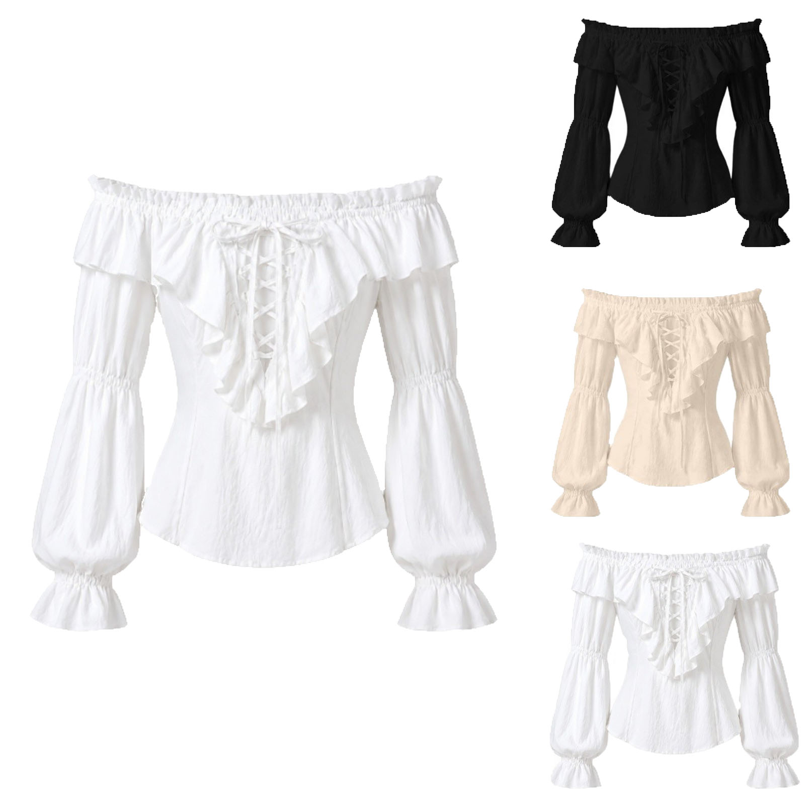 Medieval Gothic Lace Up Pirate Shirt - เสื้อเชิ้ตโจรสลัดผู้หญิง สไตล์เรอเนซองส์ กอธิค แต่งระบายลูกไม้ ผูกเชือก เสื้อสไตล์วิคตอเรียนแบบเปิดไหล่