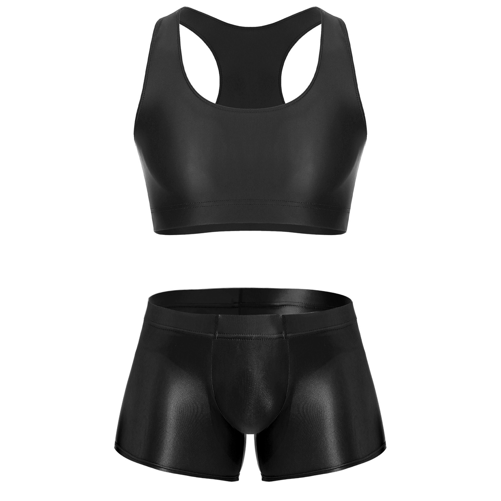 Underwear - ชุดออกกำลังกายผู้ชายแบบเงางาม ยืดหยุ่น เสื้อครอปแขนกุดและกางเกงบ็อกเซอร์เอวต่ำ ชุดนอน ชุดชั้นใน ชุดว่ายน้ำ