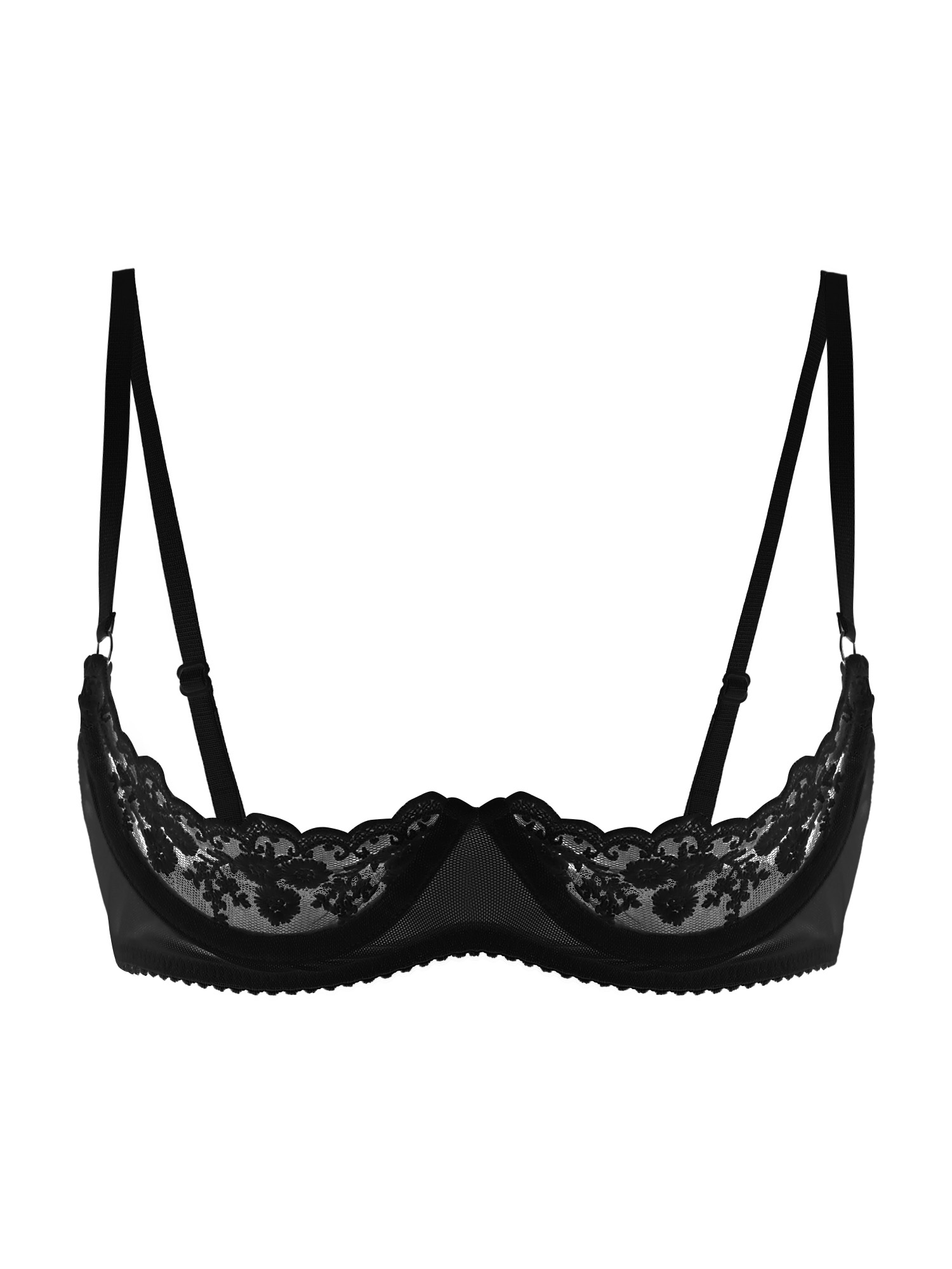 Underwear - บราเซ็กซี่สำหรับผู้หญิง แบบเปิดคัพ ผ้าลูกไม้บาง โชว์หัวนม สายปรับได้ ชุดชั้นใน