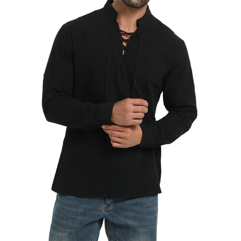 Medieval Gothic Lace Up Pirate Shirt - เสื้อเชิ้ตผู้ชายสไตล์โจรสลัด วินเทจ ยุคกลาง ไวกิ้ง คอเชือกผูก แขนยาว