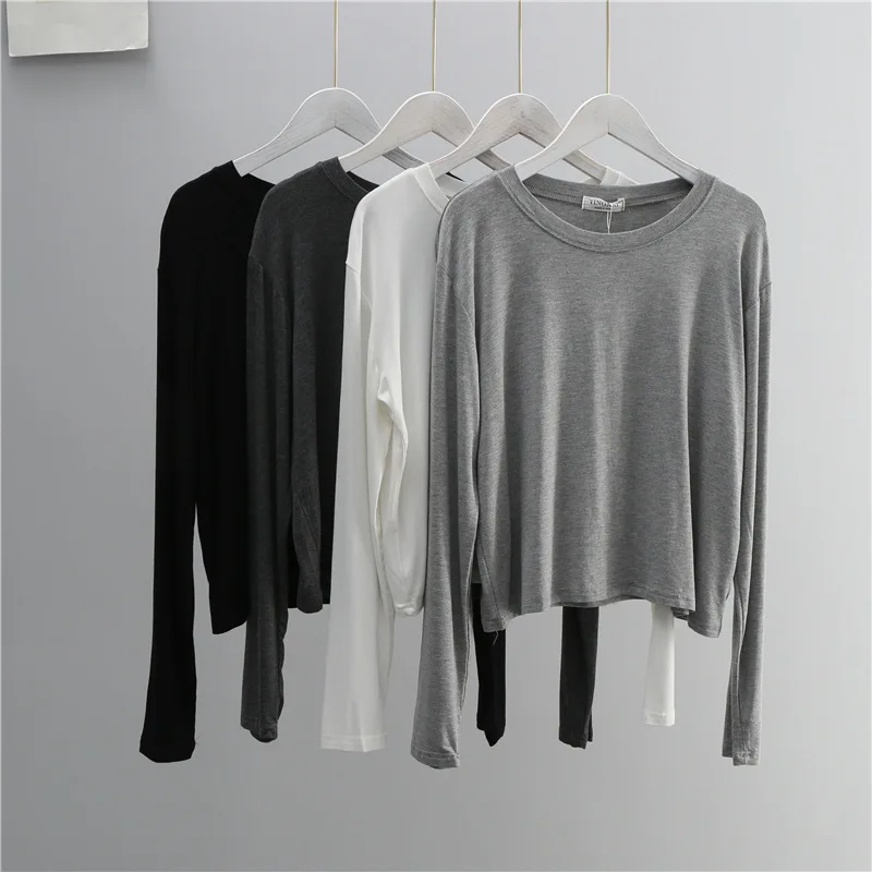 T-Shirts - เสื้อยืดแขนยาวคอโอ ผ้าผสมคอตตอน สำหรับผู้หญิง สีดำขาว สไตล์ลำลอง สำหรับฤดูใบไม้ร่วงและฤดูร้อน