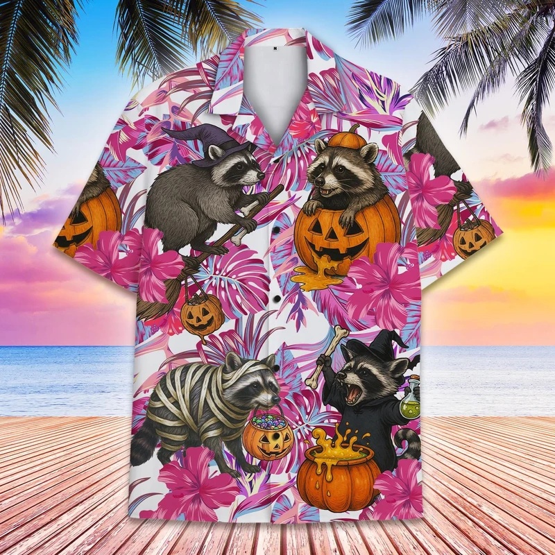 Vintage Hawaiian Floral Shirt - เสื้อเชิ้ตผู้ชายลายฮาโลวีนแฟชั่นน่ารักลายดอกไม้สไตล์วินเทจฮาราจูกุสำหรับฤดูร้อน ลายแรคคูน ฟักทอง และหัวกะโหลก Y2K