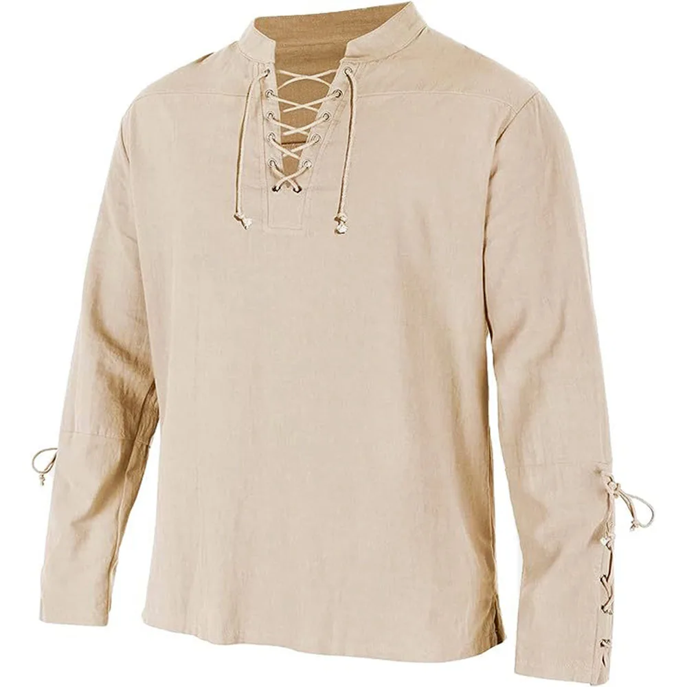 Medieval Gothic Lace Up Pirate Shirt - เสื้อแขนยาวผู้ชาย Lace Up V คอยุคกลางโจรสลัดแต่งตัว Streetwear