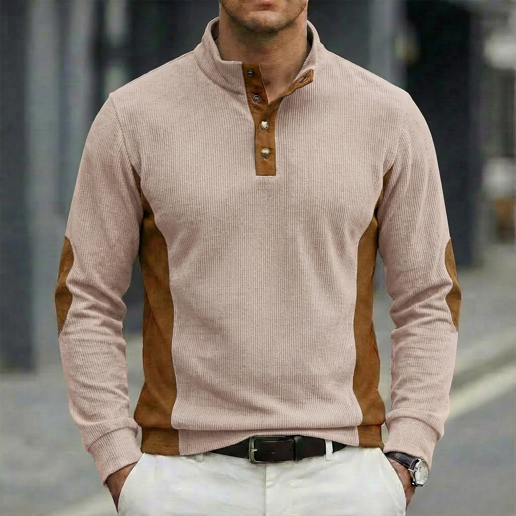 Corduroy Button Up Shirt Men - เสื้อโปโลคอร์ดดูรอยผู้ชายแฟชั่นใหม่ขายดี คอตั้ง แขนยาว สีตัดต่อ สไตล์สตรีทแวร์