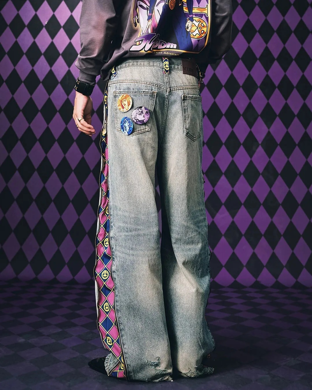 Jeans - กางเกงยีนส์ JoJo Anime แบบถอดแผงได้ สำหรับผู้ชายและผู้หญิง เอวสูง