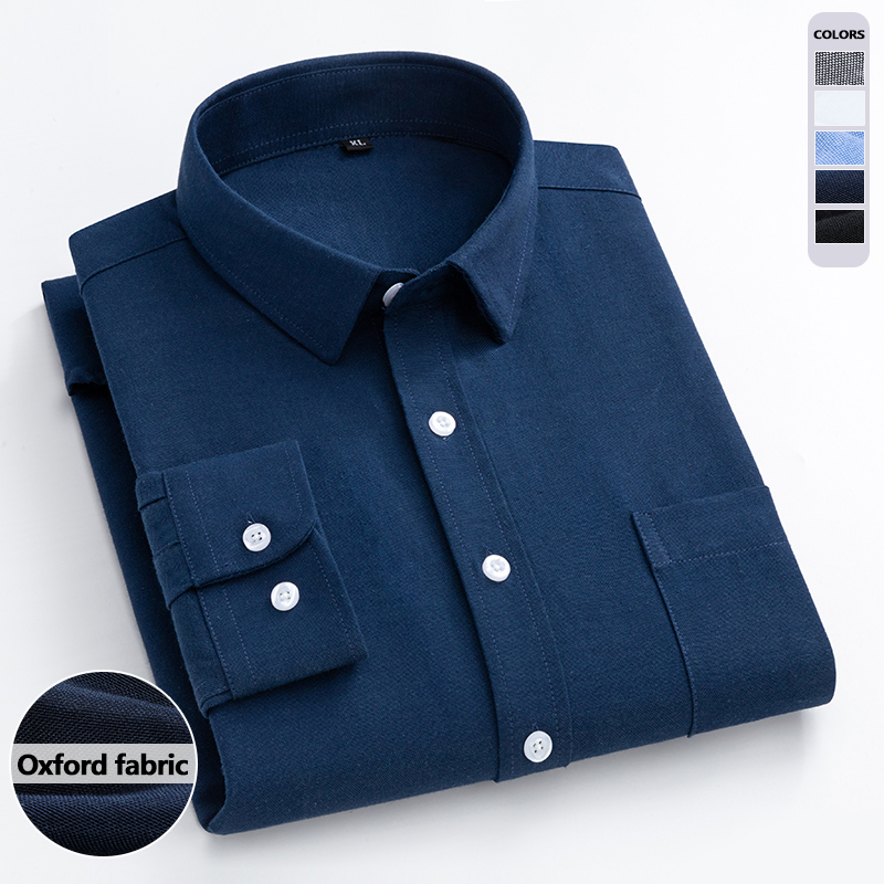 Oxford Cotton Casual Shirt Business - สีกรมท่าอ็อกซ์ฟอร์ดเสื้อเชิ้ตผู้ชายแขนยาวฤดูใบไม้ผลิฤดูใบไม้ร่วงแฟชั่นเกาหลีสลิมต่อต้านริ้วรอยธุรกิจลำลองเสื้อเยาวชนชุด
