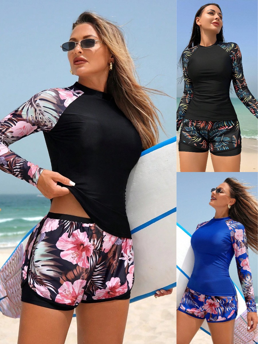 Shorts - Y2k Tankini เสื้อครอปแขนยาวสำหรับผู้หญิง ลายดอกไม้ คอสูง ชุดแทนกินี่