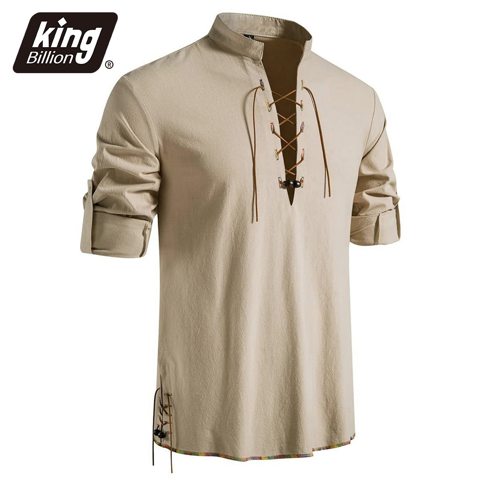 Medieval Gothic Lace Up Pirate Shirt - เสื้อเชิ้ตคอเฮนลีย์สไตล์ยุคกลางสำหรับผู้ชาย เสื้อวิคกิ้งโจรสลัดแบบย้อนยุค พร้อมเชือกผูก แขนยาว ผ้าฝ้าย น้ำหนักเบา