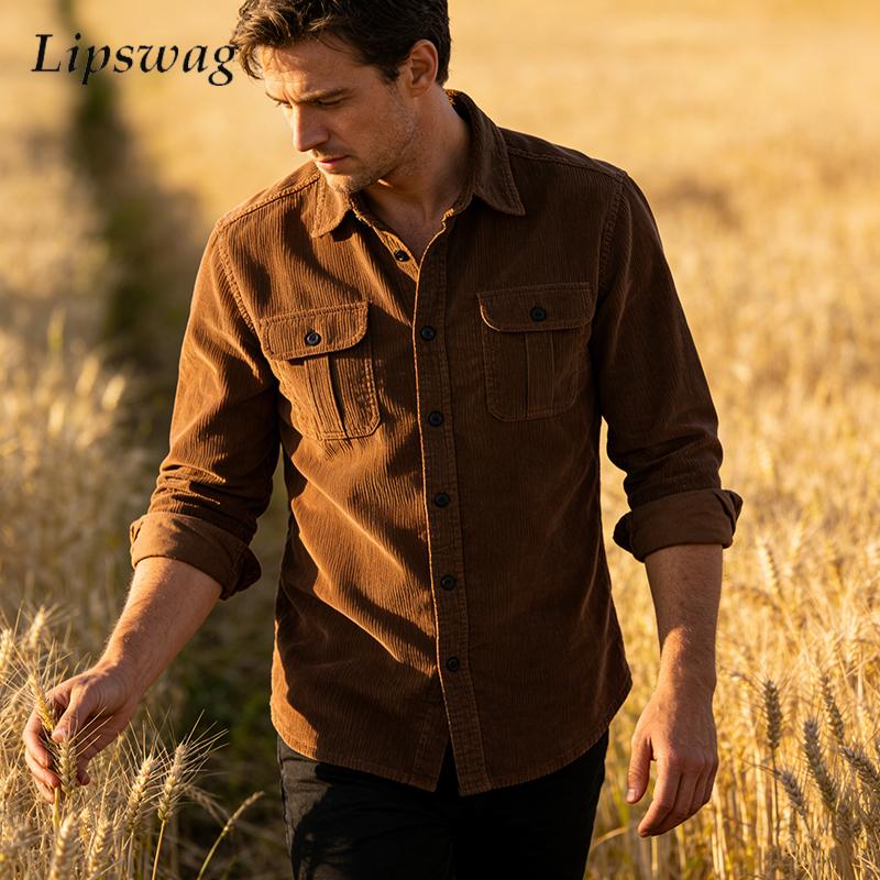 Corduroy Button Up Shirt Men - เสื้อแจ็คเก็ตผ้าลูกฟูกสีพื้นสไตล์วินเทจสำหรับผู้ชาย แฟชั่นติดกระดุม เสื้อคลุมตัวยาวสีพื้นสำหรับผู้ชาย สไตล์ลำลองสำหรับฤดูใบไม้ผลิ เสื้อคลุมติดกระดุมแบบปกเสื้อ