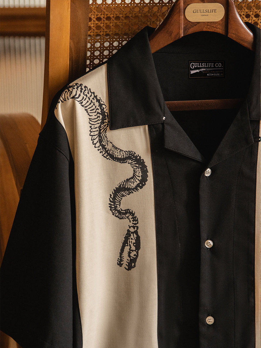 Short Sleeve Bowling Shirt Retro - เสื้อเชิ้ตโบว์ลิ่งแขนสั้นพิมพ์ลายคิวบา ทรงหลวม สไตล์เรโทรลำลองสำหรับผู้ชาย เหมาะสำหรับฤดูร้อน ผลิตจากโพลีเอสเตอร์ผสมสแปนเด็กซ์ แฟชั่นวัยรุ่น