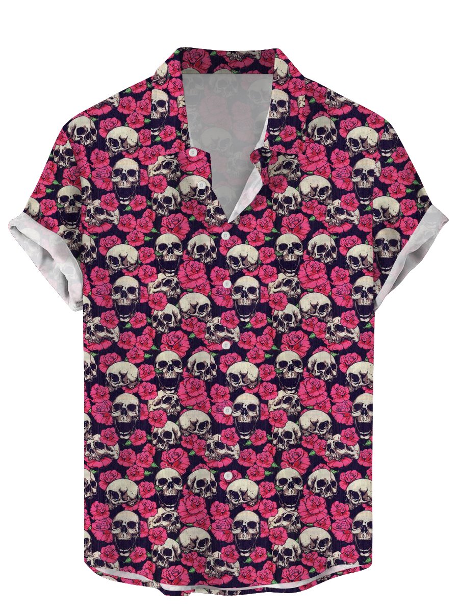Vintage Hawaiian Floral Shirt - เสื้อผู้ชายวินเทจลายหัวกะโหลกพิมพ์น้ำตาล3D แนวสตรีทเสื้อฮาวายแขนสั้นมีปกเสื้อสำหรับผู้ชาย