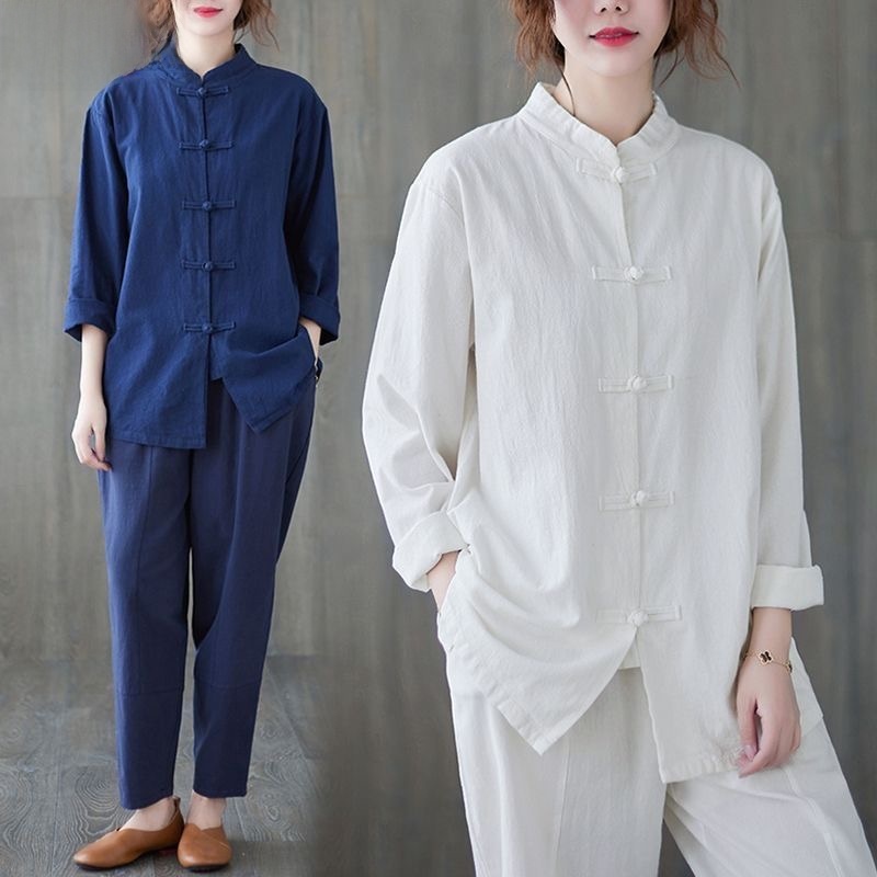 Mens Linen Shirt Long Sleeve - เสื้อเชิ้ตผ้าฝ้ายลินินทรงหลวม แขนยาว ติดกระดุม คอตั้ง แบบเปิด สไตล์ลำลอง