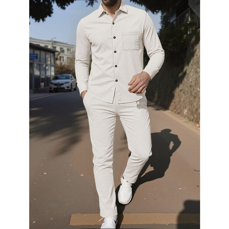 Corduroy Button Up Shirt Men - ชุดเซ็ตสองชิ้นสำหรับผู้ชาย เสื้อเชิ้ตผ้าคอร์ดูรอยติดกระดุม แขนยาว เสื้อเชิ้ตเปิดด้านหน้า กางเกงขายาวมีเชือกผูก ชุดลำลองสำหรับฤดูใบไม้ผลิและฤดูใบไม้ร่วง