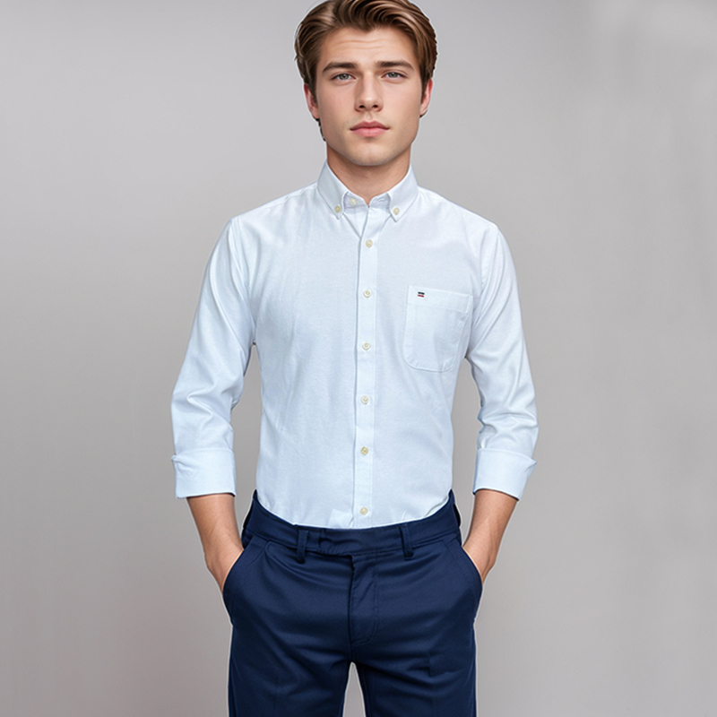 Oxford Cotton Casual Shirt Business - ผู้ชายผ้าฝ้าย 100% เสื้อแขนยาวลายสก๊อต Oxford ลําลองสีทึบลายปกติ Fit
