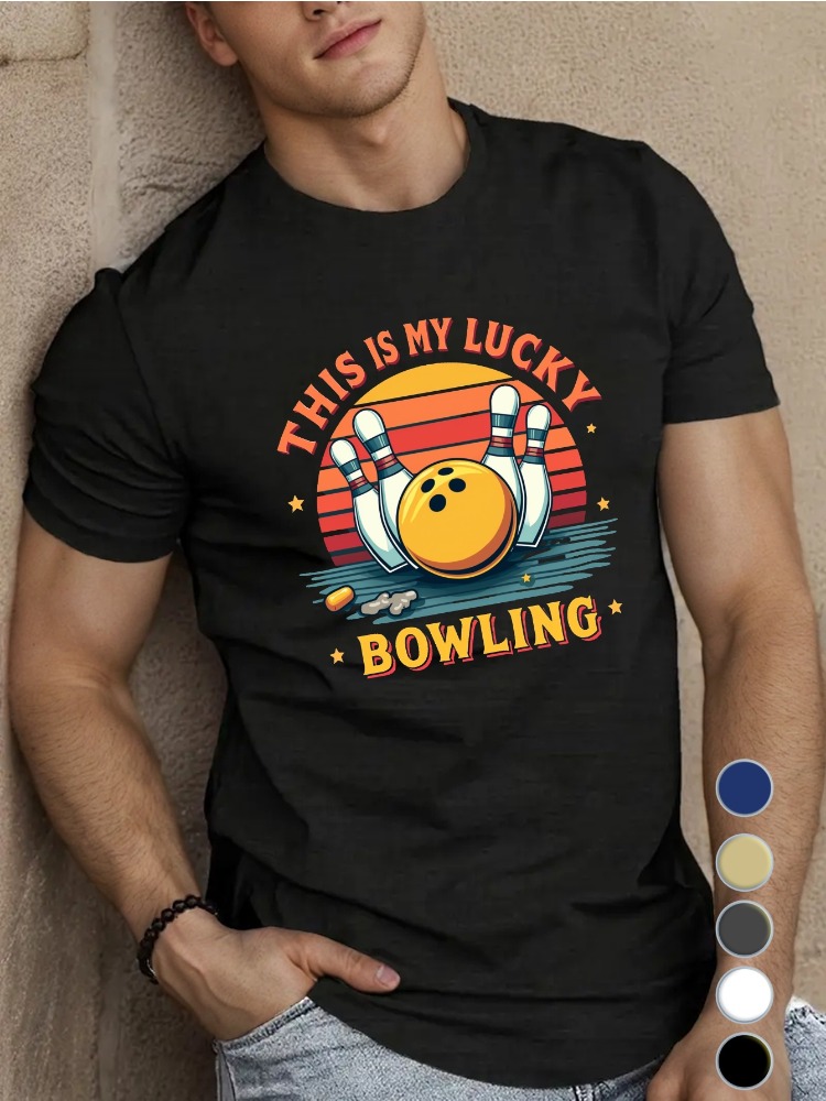 Short Sleeve Bowling Shirt Retro - เสื้อยืดคอกลมผ้าฝ้ายสีน้ำเงินรอยัลสำหรับผู้ชาย ลายกราฟิกโบว์ลิ่งย้อนยุค พระอาทิตย์ตกดิน และเข็มโบว์ลิ่ง แขนสั้น สไตล์ลำลอง