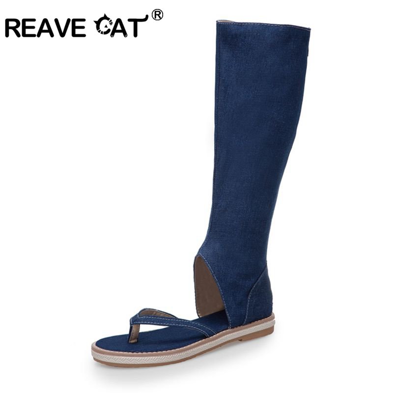 Jeans - REAVE แมวรองเท้าคลิปนิ้วเท้ารองเท้าแตะกางเกงยีนส์สีฟ้าแบนรองเท้าผู้หญิงฤดูร้อน Gladiator booties sandalias mujer