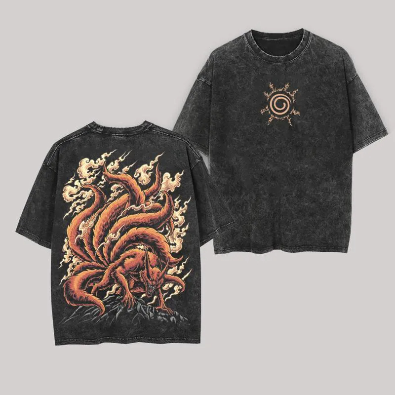 Acid Wash Vintage Graphic T Shirt - เสื้อยืดคุรามะ คิวบิ นารูโตะ วินเทจ ลายกราฟิกอะนิเมะจิ้งจอกเก้าหาง สไตล์สตรีทแวร์