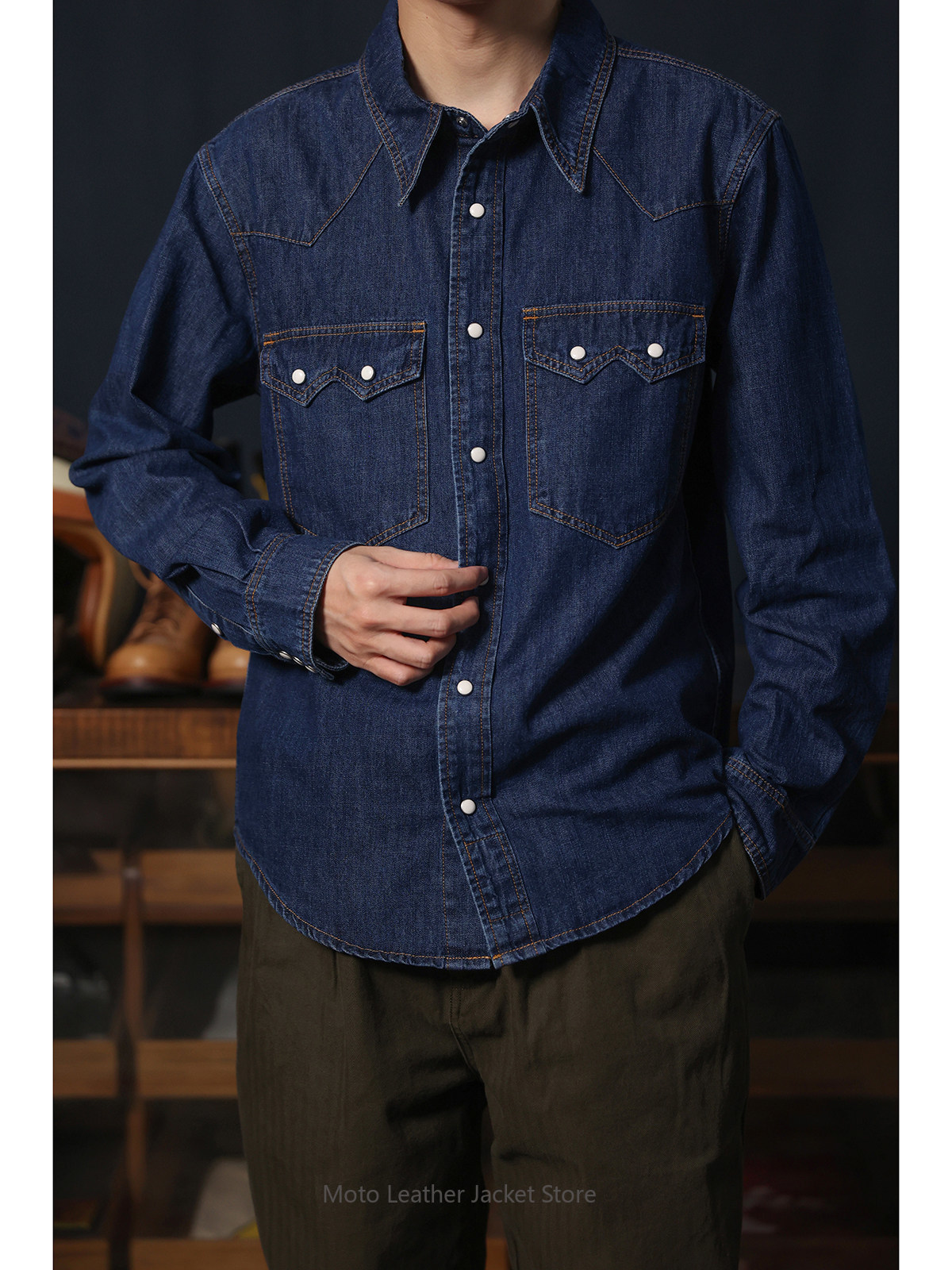 Mens Western Denim Pearl Snap Shirt - เสื้อเชิ้ตเดนิมสไตล์ตะวันตกแบบอเมริกันย้อนยุค ผ้าเดนิมดิบ ซักแล้ว สวมใส่สบาย กระดุมมุกแบบแป๊ก เสื้อเชิ้ตสไตล์ตะวันตก