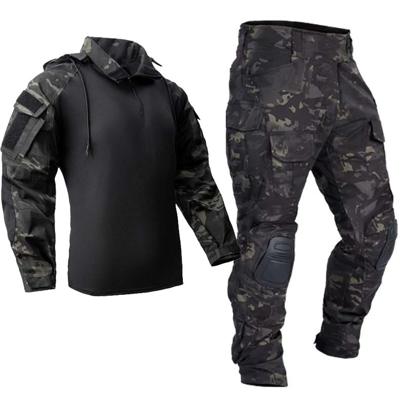 Tactical Military Shirt Cargo - ชุดยูนิฟอร์มยุทธวิธีสำหรับผู้ชาย ชุดต่อสู้ลายพรางกลางแจ้ง เสื้อฮู้ดดี้ กางเกงคาร์โก้ ชุดฝึกซ้อม แอร์ซอฟต์