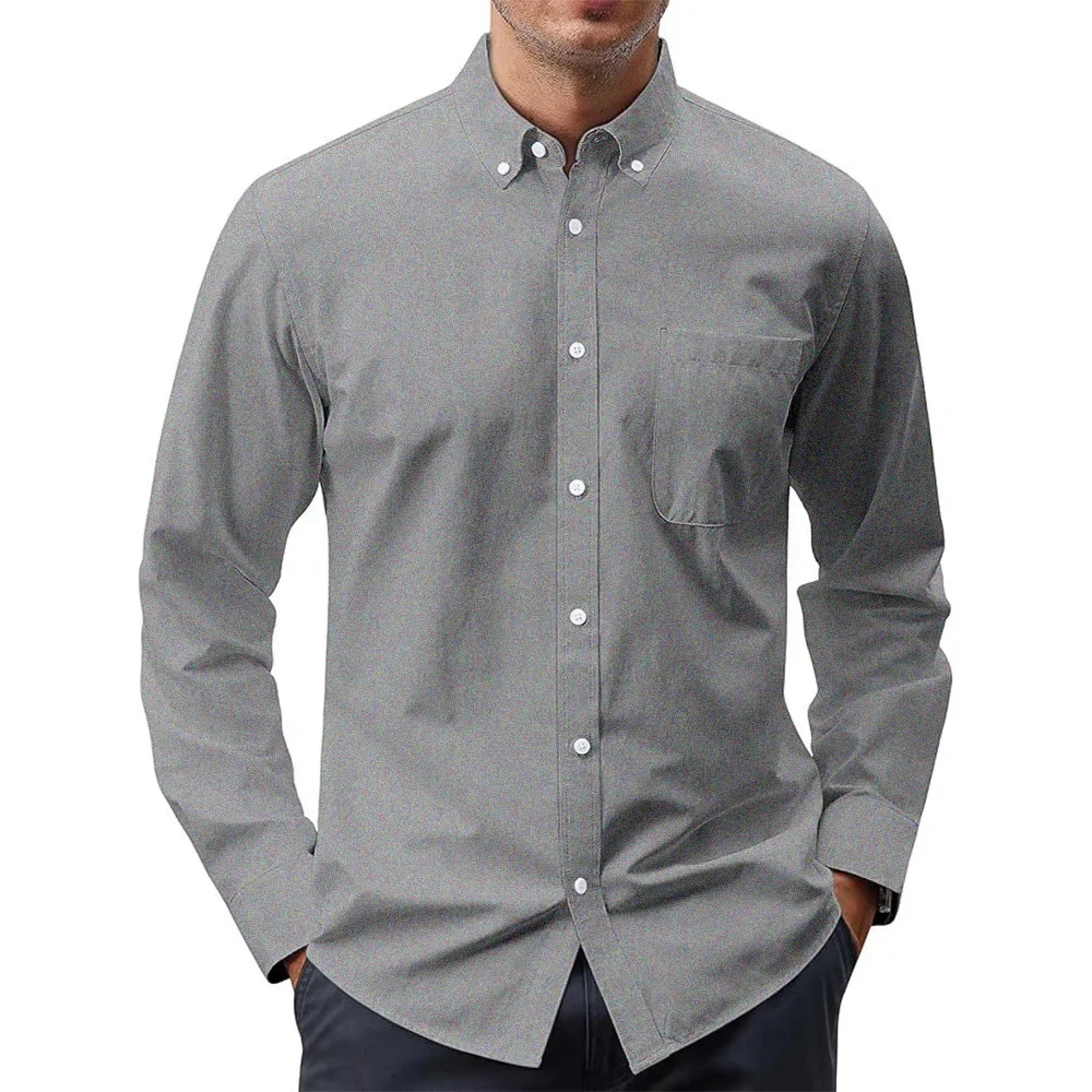 Oxford Cotton Casual Shirt Business - เสื้อแขนยาวผู้ชายสีทึบOxfordเสื้อผู้ชายปุ่มเสื้อพร้อมกระเป๋าผู้ชายเสื้อธุรกิจเสื้อ