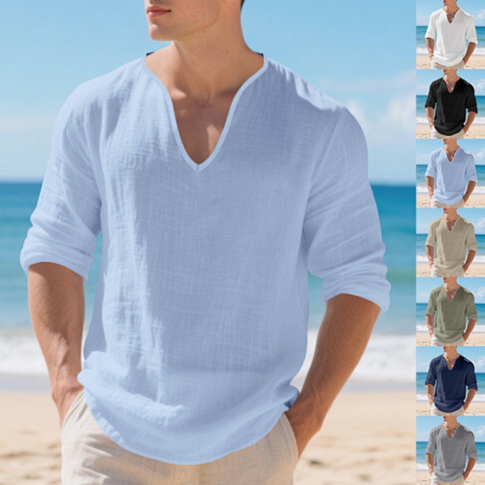 เสื้อยืดคอวี แขนยาว ผ้าลินิน ท - Mens Linen Shirt Long Sleeve บทวิจารณ์และราคา