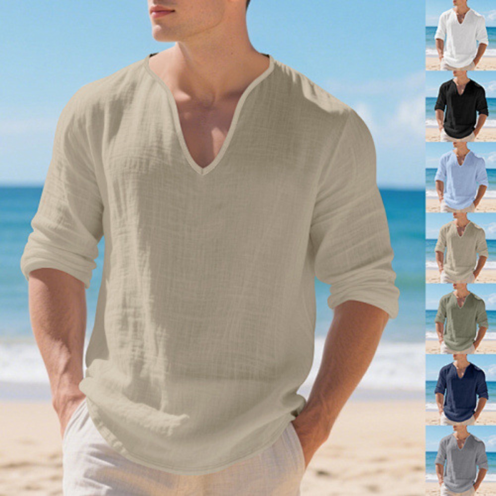 เสื้อยืดคอวี แขนยาว ผ้าลินิน ท - Mens Linen Shirt Long Sleeve บทวิจารณ์และราคา
