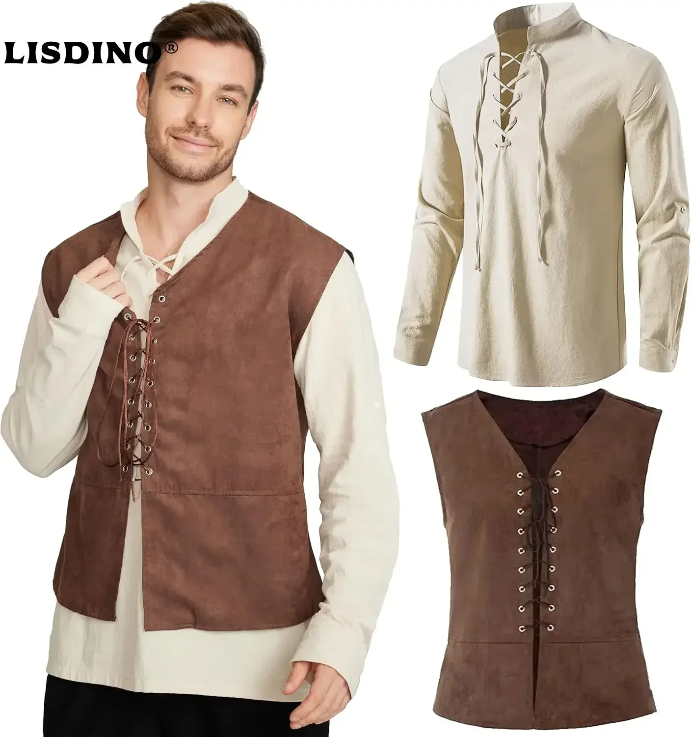 ชุด 2 ชิ้น เสื้อกั๊กโจรสลัดยุค - Medieval Gothic Lace Up Pirate Shirt บทวิจารณ์และราคา