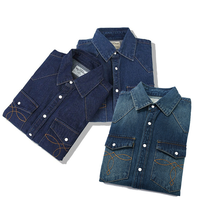 เสื้อเชิ้ตยีนส์วินเทจสไตล์อเมร - Mens Western Denim Pearl Snap Shirt บทวิจารณ์และราคา
