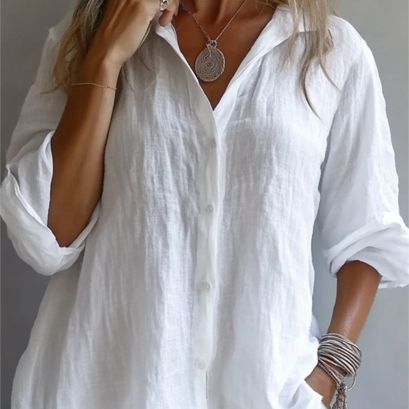 เสื้อเชิ้ตผ้าลินินสีพื้น คอวี  - Mens Linen Shirt Long Sleeve บทวิจารณ์และราคา