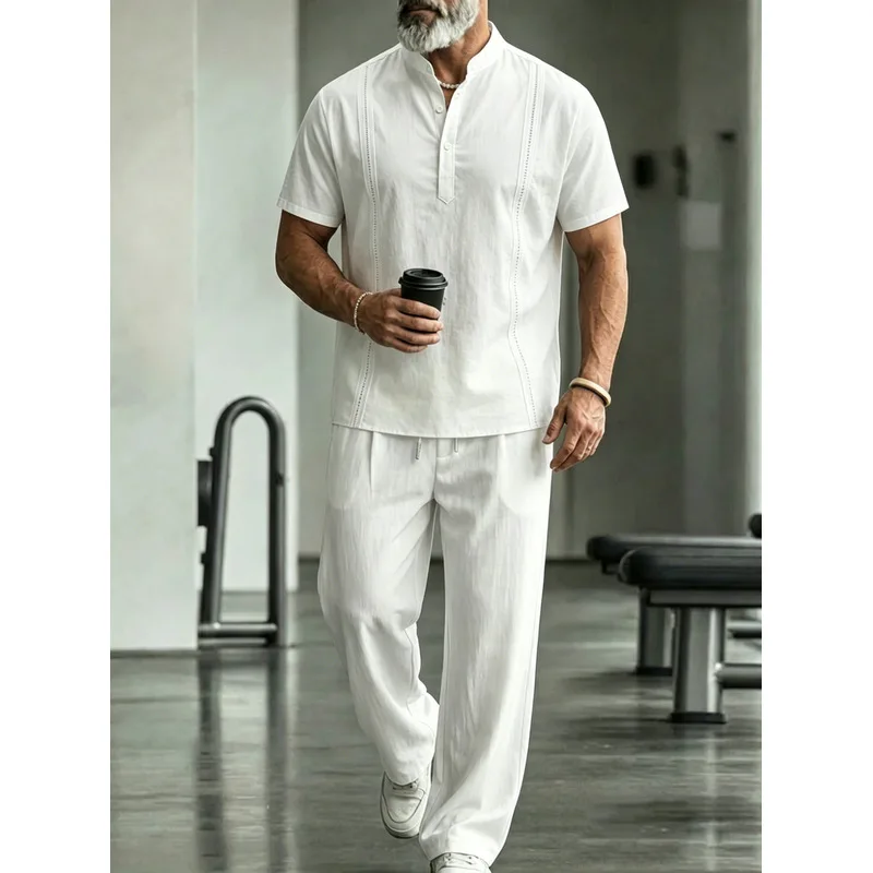 ชุดลำลองผ้าลินินผู้ชาย 2 ชิ้น  - Mens Linen Shirt Long Sleeve บทวิจารณ์และราคา