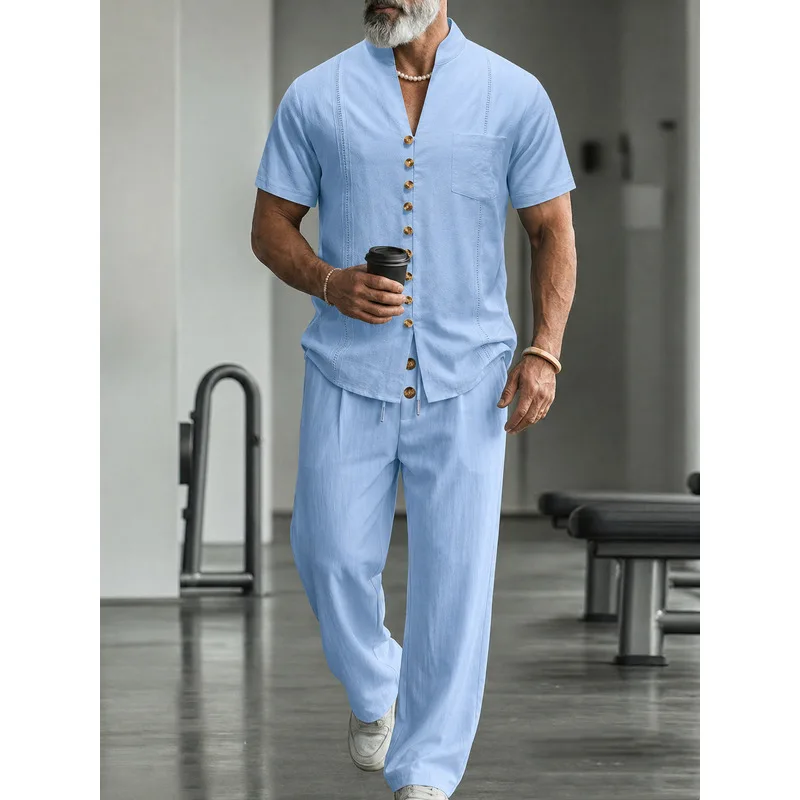 ชุดลำลองผ้าลินินผู้ชาย 2 ชิ้น  - Mens Linen Shirt Long Sleeve บทวิจารณ์และราคา