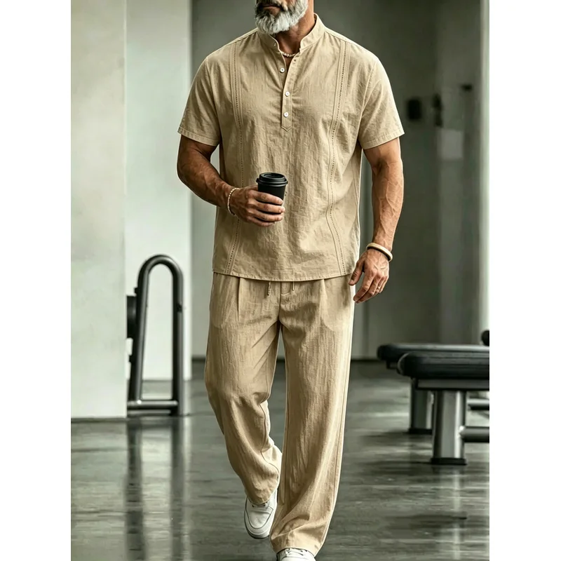 ชุดลำลองผ้าลินินผู้ชาย 2 ชิ้น  - Mens Linen Shirt Long Sleeve บทวิจารณ์และราคา