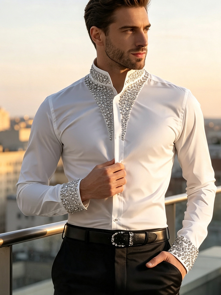 เสื้อเชิ้ตผู้ชายลำลองสไตล์ธุรก - Mandarin Collar Formal Shirt Slim Fit บทวิจารณ์และราคา