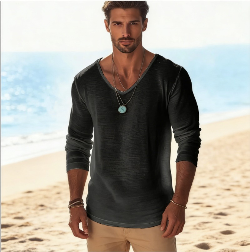 เสื้อยืดแขนยาวคอวีผ้าลินินผสมส - Mens Linen Shirt Long Sleeve บทวิจารณ์และราคา