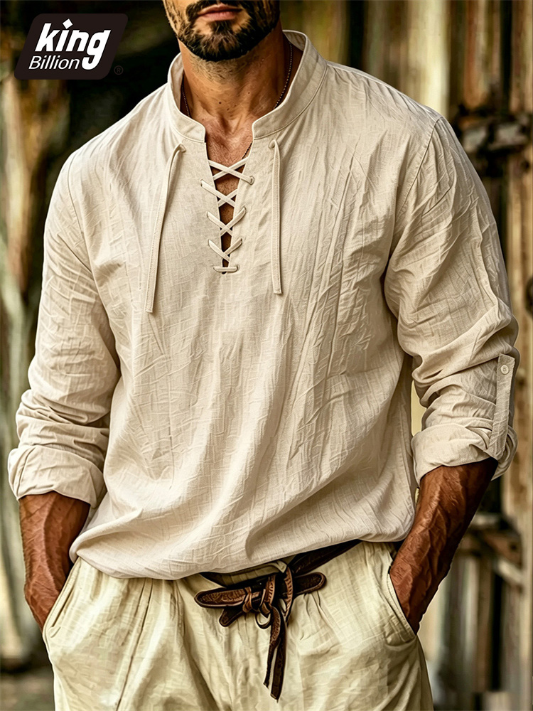 เสื้อยืดคอวีผู้ชาย สไตล์โจรสลั - Medieval Gothic Lace Up Pirate Shirt บทวิจารณ์และราคา