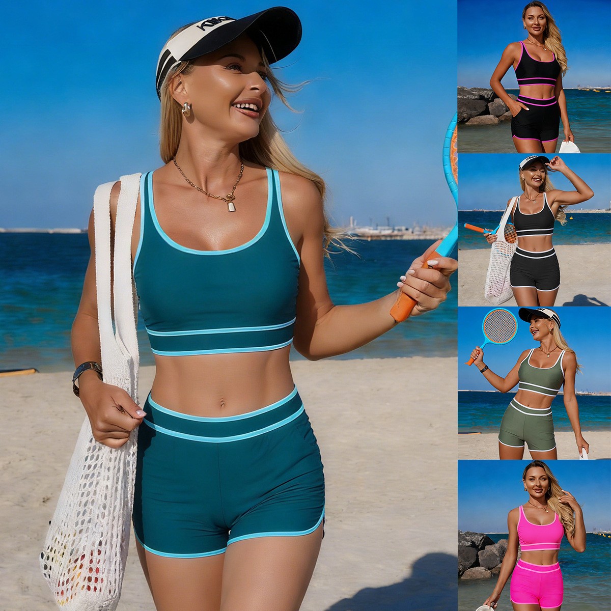 บิกินี่สีเขียวมะกอก เสื้อครอปแ - Shorts บทวิจารณ์และราคา