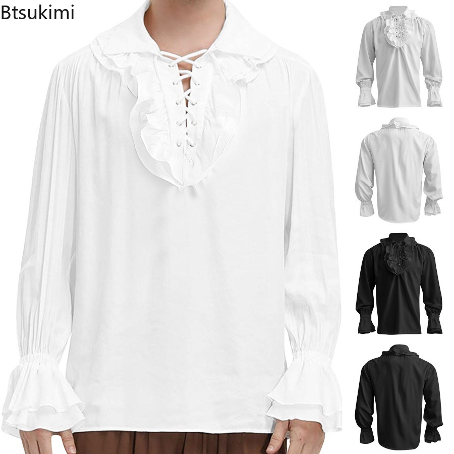 ผู้ชายยุคกลาง Renaissance Pira - Medieval Gothic Lace Up Pirate Shirt บทวิจารณ์และราคา